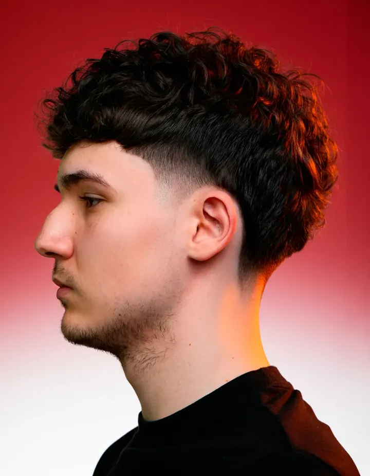 Corte con rizos y taper fade en la barbería Santos de Castelldefels